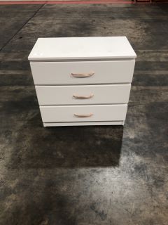 WHITE 3 DRAWER CHEST OF DRAWERS W/ ROSE GOLD HANDLES, H- 75CM W- 80.5CM D- 44CM