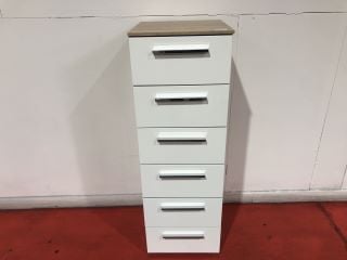 ALDONO OAK TOP 6 DRAWER HIGH POLISH WHITE FRONT CHEST W/ STAINLESS STEEL HANDLES, H- 119CM W- 40CM D- 41.5CM