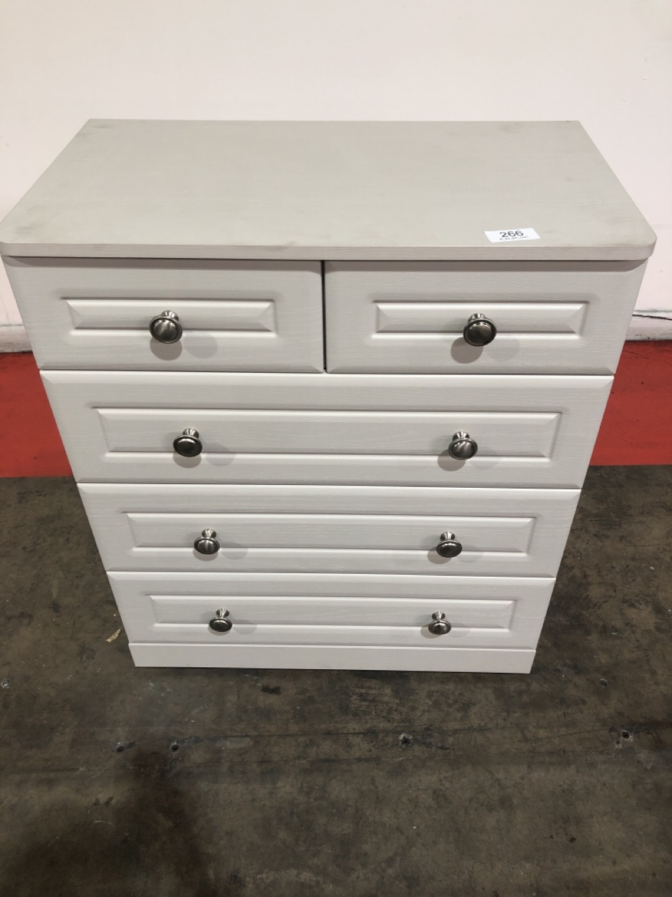 WHITE WOOD 5 DRAWER CHEST W/ STAINLESS STEEL HANDLES, H- 95CM W- 81CM D- 45.5CM