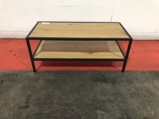 OAK AND BLACK PAINTED STEEL FRAME COFFEE TABLE, H- 32CM W-77CM D- 35.5CM