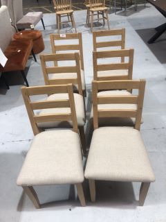 4 X OAK WOOD DINING CHAIRS WITH CREAM FABRIC SEATS