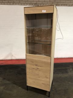 2 DOOR WOODEN NARROW DISPLAY UNIT WITH LIGHT UP GLASS SHELVES, H- 190CM W- 57CM D- 46CM