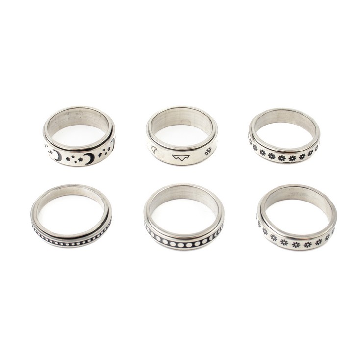 Selection of Six Metal Patterned Spinner Band Rings, Size V½, total weight 33.6g (VAT Only Payable on Buyers Premium)