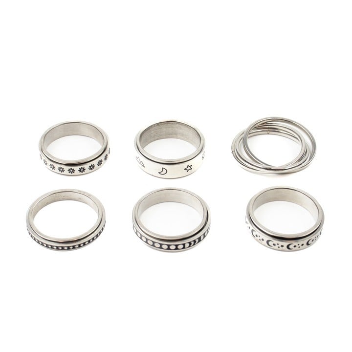 Selection of Six Metal Patterned Spinner Band Rings, Size V½, total weight 32.2g (VAT Only Payable on Buyers Premium)