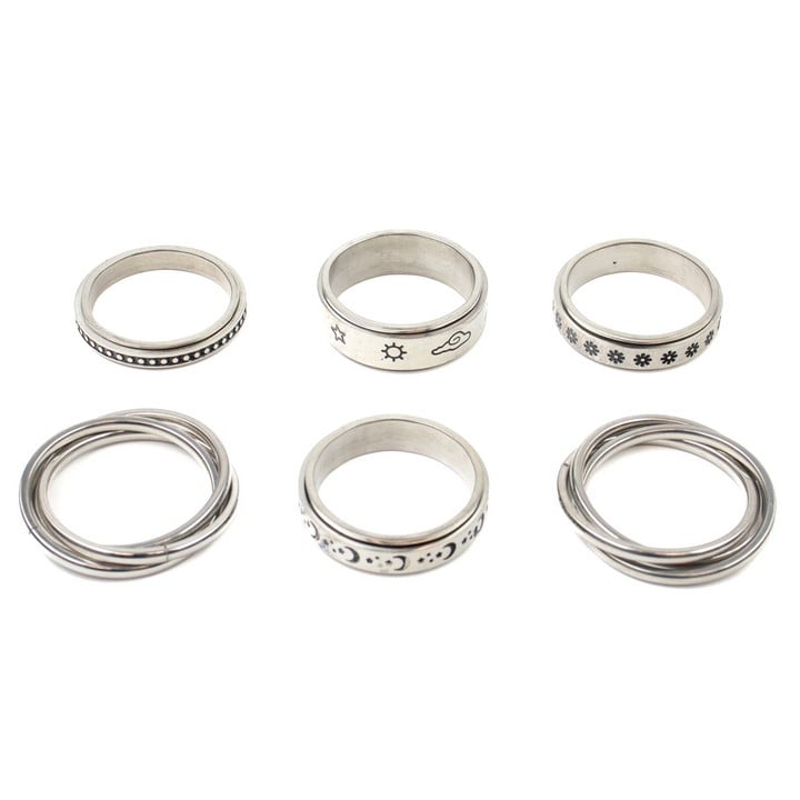 Selection of Six Metal Patterned Spinner Band Rings, Size V½, total weight 32.8g (VAT Only Payable on Buyers Premium)