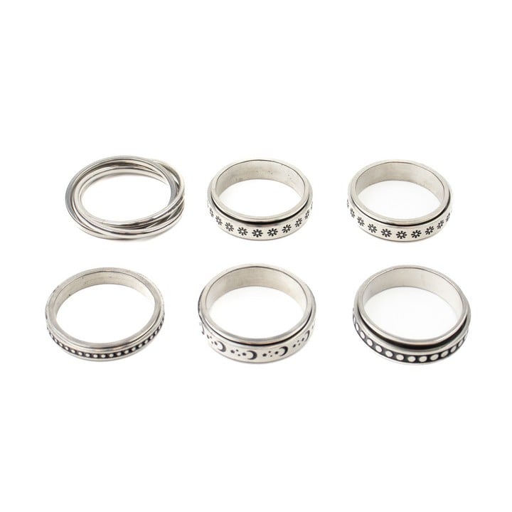 Selection of Six Metal Patterned Spinner Band Rings, Size V½, total weight 29.7g (VAT Only Payable on Buyers Premium)