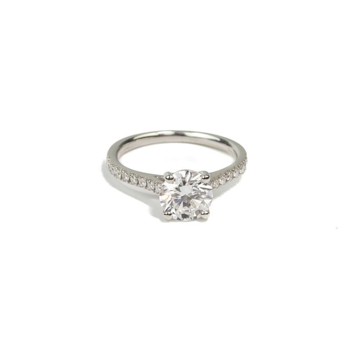 Platinum 950 1.54ct Lab Grown Diamond Brilliant Round-cut with Natural Diamond Shoulders Ring, Size M, 3.9g. Colour E, Clarity VS1. GIA Report 3475599161.  Auction Guide: £850-£950