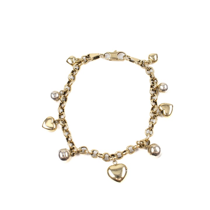 14K Yellow and White Balls and Hearts Bracelet, 18cm, 9.1g.  Auction Guide: £350-£450 (VAT Only Payable on Buyers Premium)