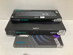 3 X LOGITECH ITEMS INCLUDING 2 KEYBOARDS MODEL MX KEYS S/ ERGO K860 AND LOGITECH WIRELESS CHARGING SYSTEM MODEL G903 PRO - LOCATION 51A.