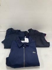 3 X JACKETS VARIOUS MAKES, MODELS AND SIZES INCLUDING NAVY BLUE LACOSTE JACKET SIZE 48 - LOCATION 45B.