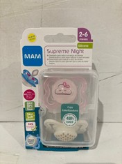 26 X MAM DUMMY WITH VENTILATED SHIELD, GLOW IN THE DARK, 2-6 MONTHS, EXTRA THIN FLEXIBLE TEAT, EASY ACCEPTANCE, WITH SELF-STERILISING BOX, MAM SUPREME, BRIGHT PINK, PACK 2 PCS - LOCATION 7B.