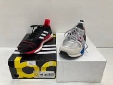 ADIDAS RISINGSTARXR1 SILVER, RED, WHITE AND BLACK SHOES SIZE 44 AND ADIDAS SOLAR GLIDE M BLACK, RED AND WHITE SHOES SIZE 43 - LOCATION 32B.