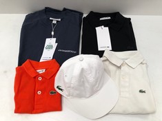 5 X LACOSTE GARMENTS VARIOUS MODELS AND SIZES INCLUDING WHITE CAP - LOCATION 30C.