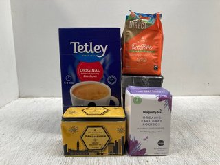 QTY OFF ASSORTED HOT BEVERAGE ITEMS TO INCLUDE DRAGONFLY TEA ORGANIC EARL GREY ROOIBOS CAFFEINE FREE TEA BAGS : BBE 04/27: LOCATION - C8