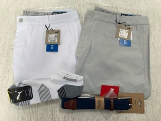 4 X ASSORTED MENS PUMA GOLFING CLOTHING ITEMS TO INCLUDE DEALER SHORTS IN ASH GREY - SIZE 38W: LOCATION - C6