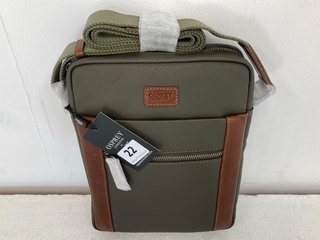 OSPREY LONDON GRANTHAM SMALL MESSENGER GLAZED CALF BAG IN KHAKI/CHESTNUT - RRP £185: LOCATION - BOOTH