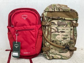 CAMELBAK MAXIMUM GEAR CAMO RUCKSACK TO INCLUDE OSPREY DAYLITE PLUS COSMIC RED BACKPACK: LOCATION - A12