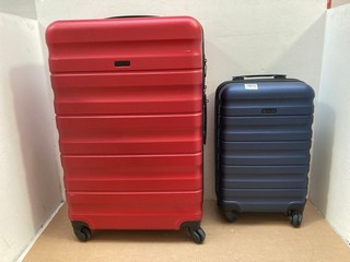 2 X JOHN LEWIS & PARTNERS SUITCASES TO INCLUDE LARGE RED HARDCASE SUITCASE AND SMALL DARK BLUE HARDCASE SUITCASE: LOCATION - AR1