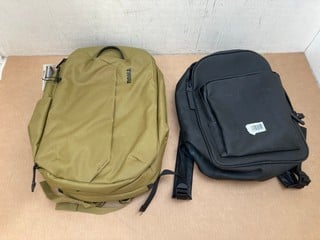 2 X BACKPACKS TO INCLUDE THULE AION TRAVEL BACKPACK 28L IN NUTRIA BROWN RRP £160 AND RAINS BLACK BACKPACK: LOCATION - AR2