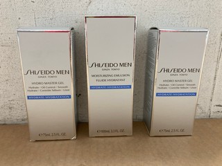 3 X SHISEIDO GINZA TOKYO MENS SKINCARE PRODUCTS TO INCLUDE 2 X HYDRO MASTER GEL 70ML AND 1 X MOISTURIZING EMULSION 100ML: LOCATION - AR10