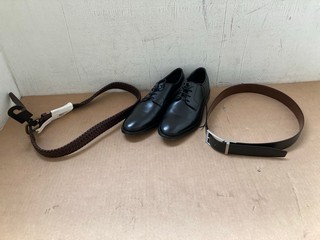 3 X JOHN LEWIS AND PARTNERS GOODS TO INCLUDE 1 X LEATHER BELT IN BROWN MEDIUM 34/36 INCH, 1 X REVERSIBLE LEATHER BELT IN BLACK MEDIUM AND 1 X PAIR OF LEATHER OXFORD SMART SHOES IN BLACK SIZE 7: LOCAT