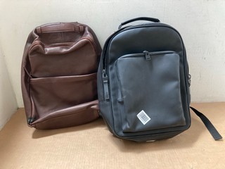 2 X ASSORTED BACKPACKS TO INCLUDE JOHN LEWIS AND PARTNERS LEATHER BACKPACK IN BROWN AND RAINS BACKPACK IN BLACK: LOCATION - AR14