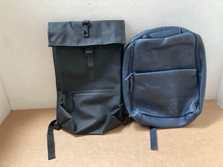 2 X ASSORTED BACKPACKS TO INCLUDE RAINS ROLLTOP BACKPACK IN BLACK AND JOHN LEWIS AND PARTNERS OSLO LEATHER BACKPACK IN BLUE RRP £119: LOCATION - AR14