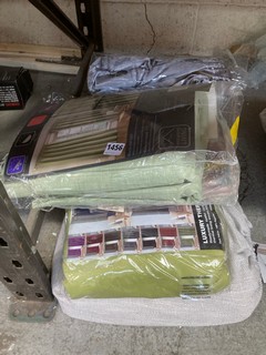 QTY OF ASSORTED ITEMS TO INCLUDE SUNDOUR OSAKA FULLY LINED CURTAINS IN BLUSH PINK AND ENHANCED LIVING THERMAL BLACKOUT CURTAINS IN GREEN: LOCATION - BR6