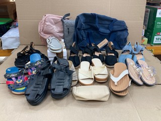 QTY OF ASSORTED SHOES TO INCLUDE JEWELLED STRAP FLIP FLOPS IN SILVER (NOT SIZED) TO INCLUDE 4 X ASSORTED BAGS IN VARIOUS COLOURS AND SIZES: LOCATION - C 20