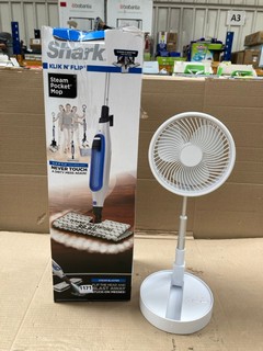 SHARK KLIK N' FLIP STEAM POCKET MOP TO INCLUDE 2 - IN - 1 FLOOR AND TABLE FAN IN WHITE: LOCATION - D 9