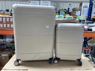 QTY OF GENERAL ITEMS TO INCLUDE HEYS WHEELED HARD SHELL SUITCASES IN BEIGE - SMALL AND LARGE: LOCATION - D 9