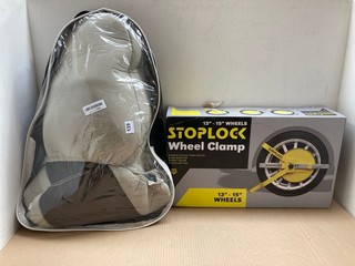 STOPLOCK 13-15" WHEEL CLAMP TO INCLUDE CAR SEAT COVERS IN GREY: LOCATION - A6