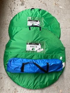 3 X ASSORTED TENTS TO INCLUDE MOUNTAIN WAREHOUSE POP UP 3 PERSON TENT IN GREEN: LOCATION - A15