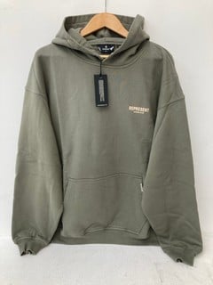 REPRESENT OWNERS CLUB JERSEY HOODIE IN OLIVE - UK SIZE: XL - RRP: £ 160.00: LOCATION - FRONT BOOTH