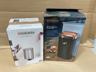 TOWER ROSE GOLD EDITION 58 LITRE SQUARE SENSOR BIN TO INCLUDE BRABANTIA 20L NEW ICON PEDAL BIN IN MATT BLACK: LOCATION - B 6