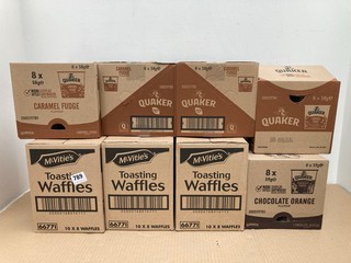 QTY OF QUAKERS CARAMEL FUDGE FLAVOUR HOT OAT CEREAL WITH SOFT FUDGE PIECES - BBE: 24/08/2024 TO INCLUDE MCVITIES TOASTING WAFFLES IN CHOCOLATE ORANGE FLAVOUR - BBE: 10/09/2024: LOCATION - C 1