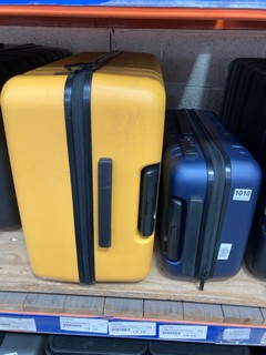 JOHN LEWIS & PARTNERS SMALL HARD SHELL CABIN BAG IN NAVY TO INCLUDE LARGE HARD SHELL SUITCASE IN YELLOW: LOCATION - BR2