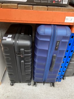 JOHN LEWIS & PARTNERS LARGE HARD SHELL 4-WHEEL SUITCASE IN NAVY TO INCLUDE MEDIUM SUITCASE IN BACK: LOCATION - BR6