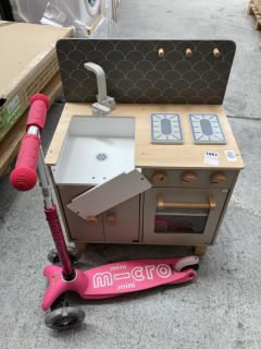 M-CRO MINI 3-WHEEL SCOOTER IN PINK TO INCLUDE JOHN LEWIS & PARTNERS WOODEN PLAY KITCHEN SET: LOCATION - BR6