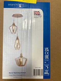 SEARCHLIGHT MIA 3 LIGHT MULTI DROP PENDANT IN ANTIQUED BRASS/CHAMPAGNE GLASS RRP £204: LOCATION - BR8