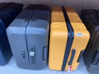 2 X JOHN LEWIS & PARTNERS LARGE HARD SHELL 4-WHEEL SUITCASES IN YELLOW AND BLACK: LOCATION - BR13