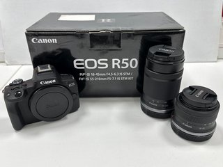 CANON EOS R50 24.2 MEGAPIXELS MIRRORLESS CAMERA IN BLACK: MODEL NO DS126877 WITH RF-S 18-45MM, RF-S 55-210MM LENS (WITH BOX & ALL ACCESSORIES) [JPTM121417] THIS PRODUCT IS FULLY FUNCTIONAL AND IS PAR