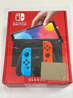 NINTENDO SWITCH OLED MODEL 64 GB GAMES CONSOLE (ORIGINAL RRP - £309) IN NEON BLUE & NEON RED: MODEL NO HEG-001 (WITH BOX & ALL ACCESSORIES, MINOR COSMETIC IMPERFECTION ON BACK OF CONSOLE (SEE PHOTO))