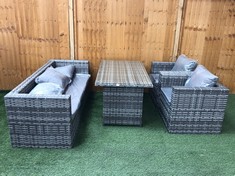 3 SEATER RATTAN GARDEN SOFA WITH 2 X RATTAN ARMCHAIR IN GREY TO INCLUDE GLASS TOP DINING TABLE IN GREY