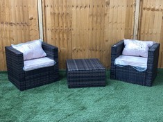 2 X RATTAN ARMCHAIR IN BROWN WITH BEIGE CUSHION TO INCLUDE BROWN COFFEE TABLE