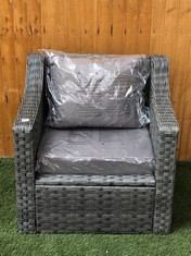 1 SEATER GARDEN RATTAN CHAIR IN GREY WITH GREY CUSHIONS