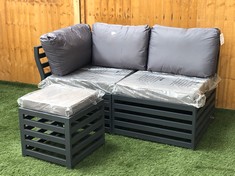 2 SEATER GARDEN SOFA IN GREY WITH GREY CUSHIONS AND FOOTSTOOL