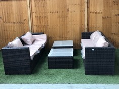 2 X 3 SEATER RATTAN GARDEN SOFA IN BROWN WITH BEIGE CUSHIONS TO INCLUDE 2 X GLASS TOP COFFEE TABLE