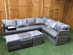 6 SEATER RATTAN GARDEN SOFA IN GREY WITH 3 X FOOTSTOOL WITH CUSHION IN GREY