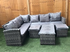 5 SEATER RATTAN GARDEN SOFA IN GREY WITH 2 X FOOTSTOOL WITH GREY CUSHION AND BENCH WITH GREY CUSHION